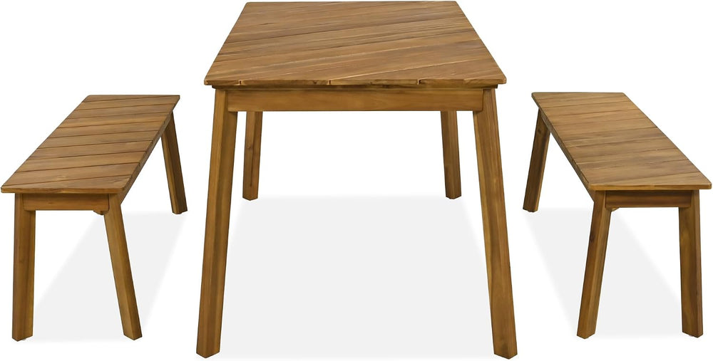 3 Pieces Patio Dining Set, Outdoor Acacia Wood Table and 2 Benches, Outdoor D...