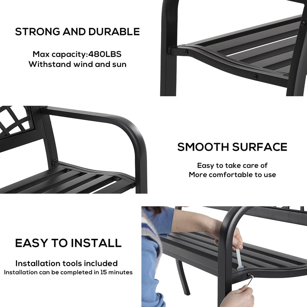 HCY Garden Bench Outdoor Metal Bench Patio Garden Bench Sturdy Steel Frame Fu...