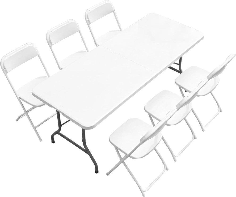 DUMOS 6 FT Folding Picnic Table with 6 Folding Chairs, Easy to Keep, White