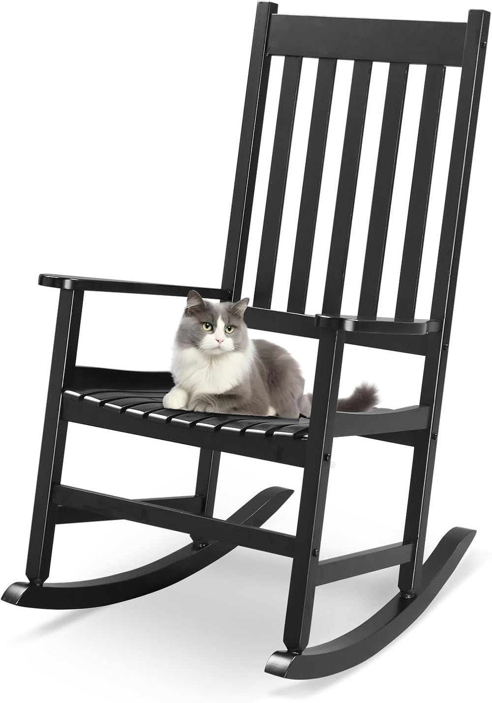 Outvita Outdoor Rocking Chair, Solid Wood High Back Porch Rocker, Black