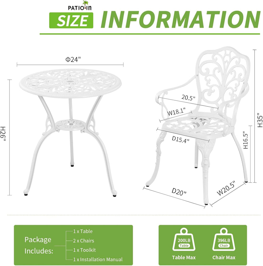 Outdoor Bistro Table and Chairs Set of 2, White Metal Patio Bistro Set, Cast ...