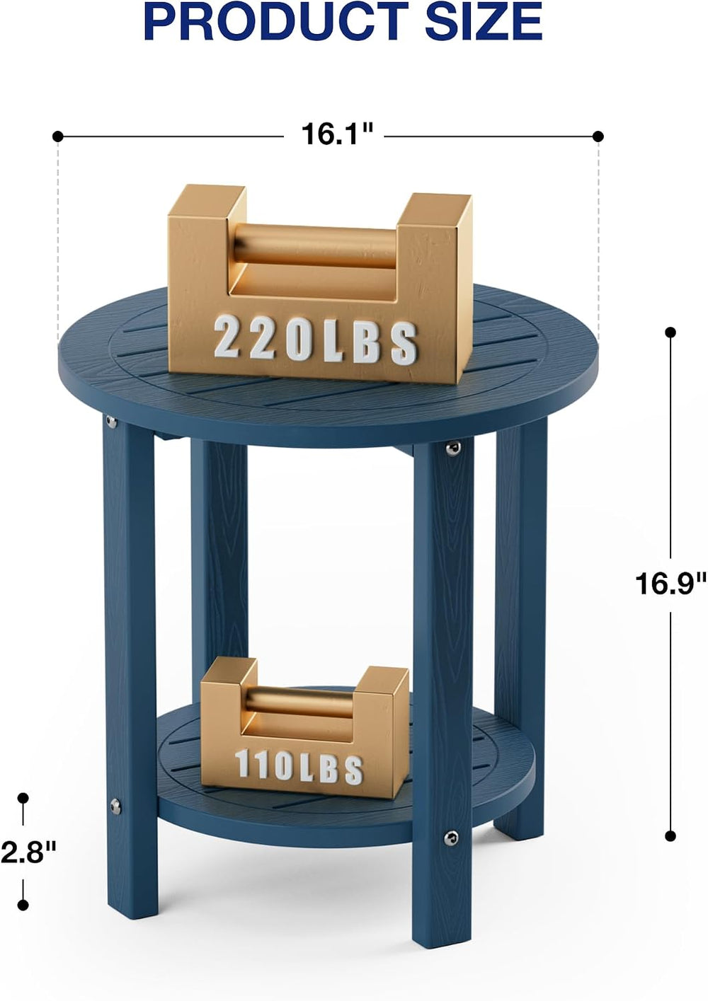 YEFU Adirondack Side Table, 16in Round, 2-Tier Storage End Table, Navy