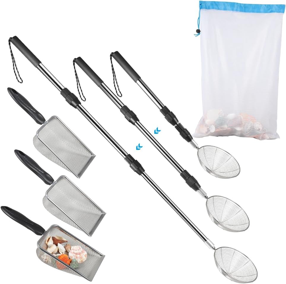 Beach Sand Sifter, 3 Beach Sifting Sand Telescoping Pole Sets with Scoops, Ba...