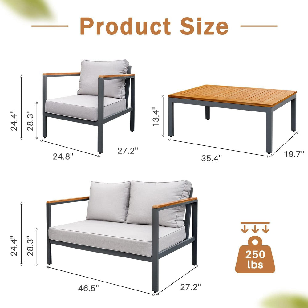 Greesum 4 Piece Furniture Patio Lounge Conversation Set Solid Wood Armrest &a...