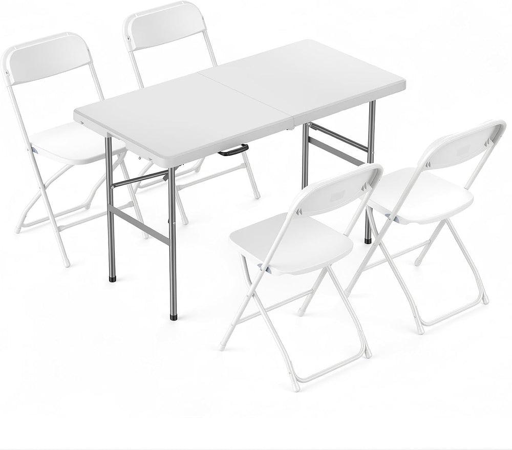 DUMOS 4 FT Folding Picnic Table with 4 Folding Chairs, Easy to Keep, White