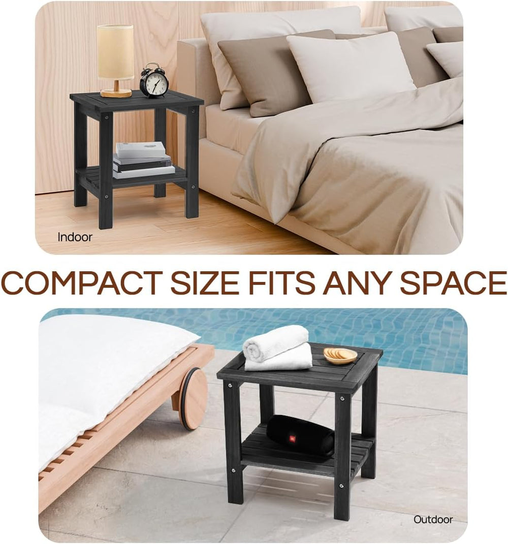 THYOI Premium Acacia Wood Outdoor Side Table, with 2-Tier - Black