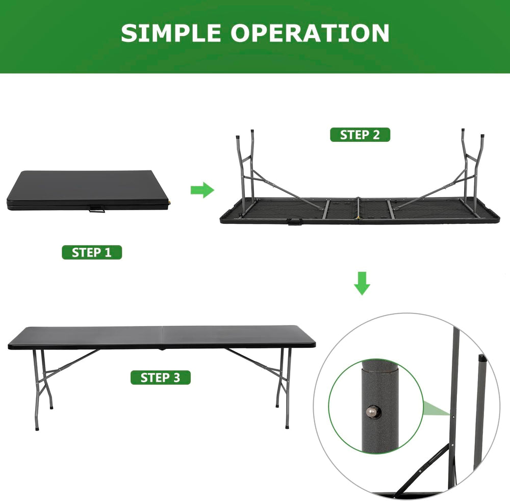 BestOffice | 8FT Folding Table | Black | Portable Plastic Table