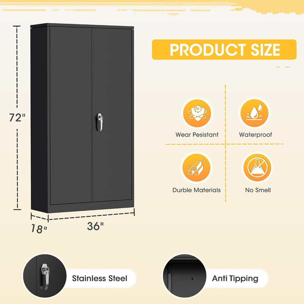 72" H Metal Storage Cabinet with 2 Doors and 4 Adjustable Shelves, Black...