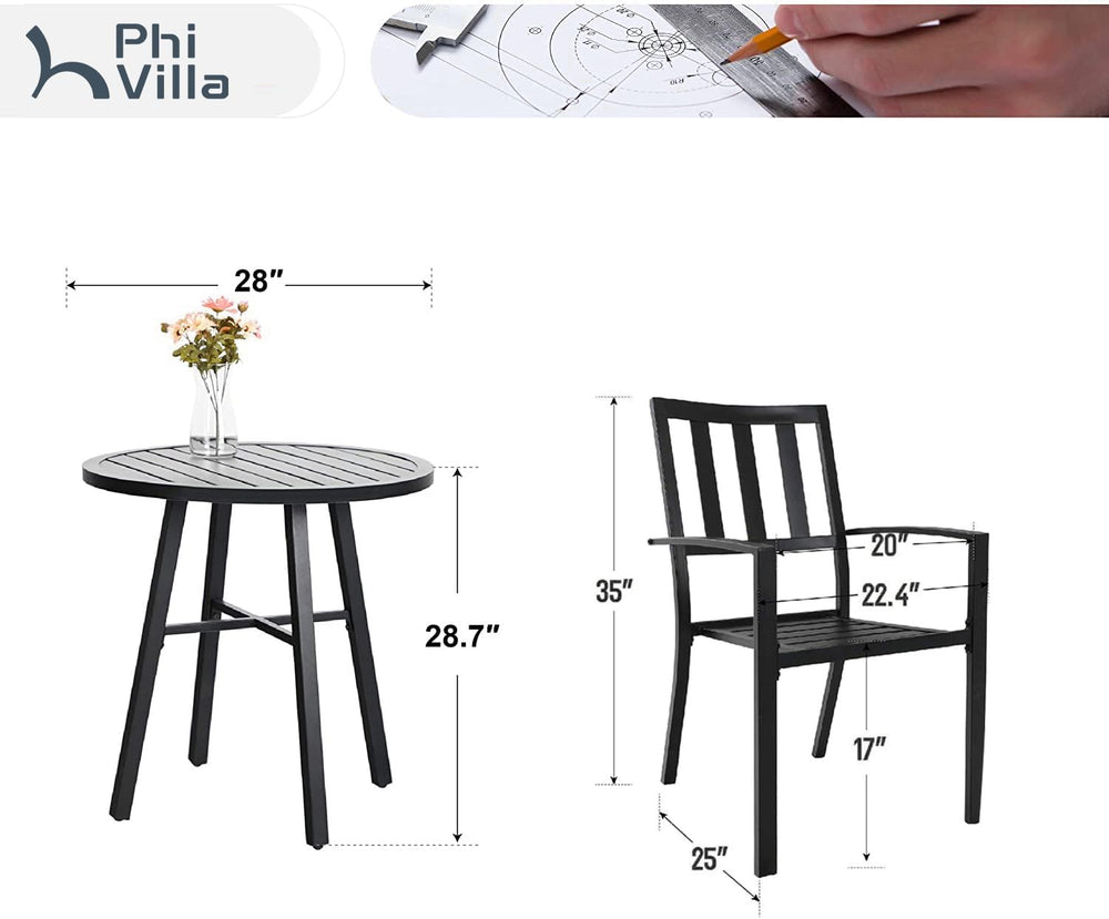 PHI VILLA 3 Pcs Patio Bistro Dining Set, 28" Metal Table& 2 Patio Ch...