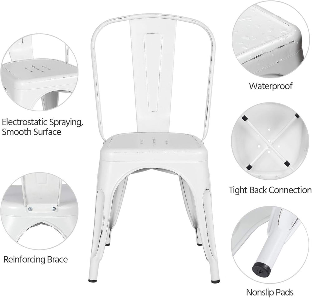 Topeakmart Metal Dining Chairs Set of 4 Stackable Chairs, Distressed White
