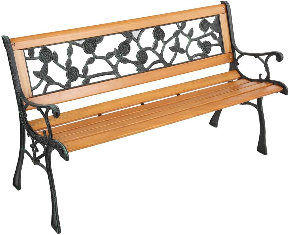 VINGLI Outdoor Bench, Weather Resistant Cast Iron Frame＆Teak Wood Seat w/PVC ...