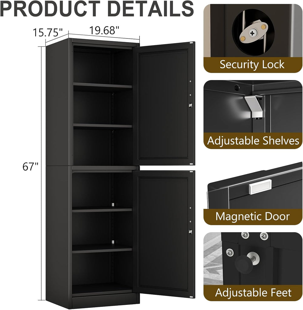 67" Black Lockable Tall Narrow Metal Storage Cabinet