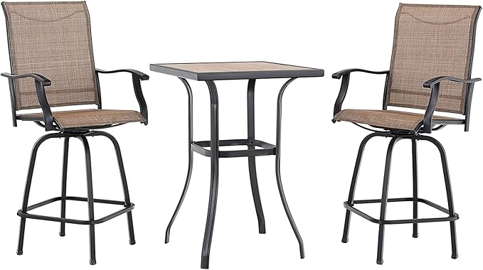 PHI VILLA 3 PCS Patio Swivel Bar Set Outdoor Furniture Bar Height Bistro Set,...
