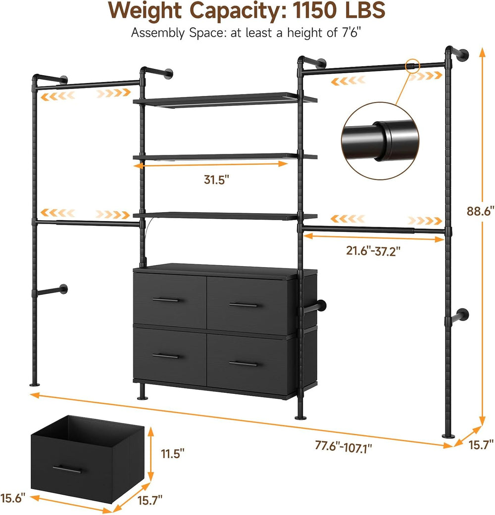 ONBRILL T4 Closet System with Stepless Dimmable LED Light & Drawers, Black