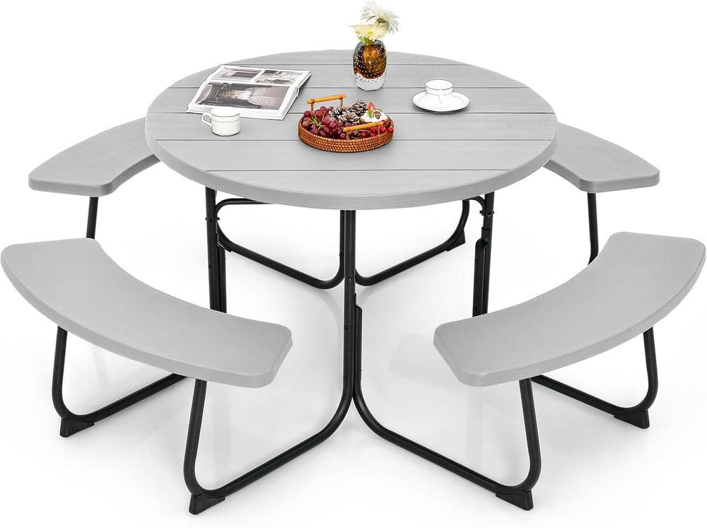 Tangkula 8 Person Round Picnic Table with 4 Built-in Benches, Grey