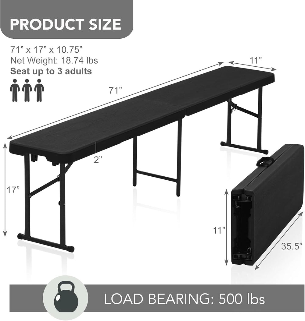 AJP Distributors 2 Pack 6 Foot Portable Plastic Folding Bench, Black