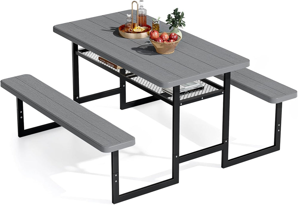 VINGLI 4.5FT Outdoor Picnic Table with Storage Shelf & Umbrella Hole, All...