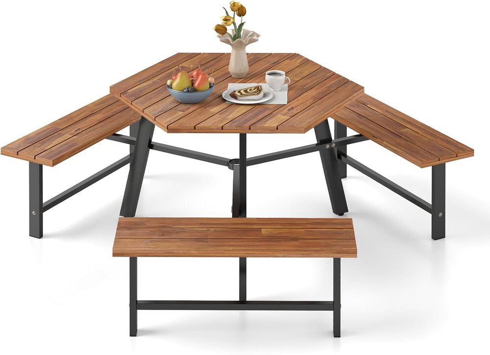 GIANTEX Picnic Table Bench Set for 6, Acacia Wood Outdoor Dining Table Set wi...