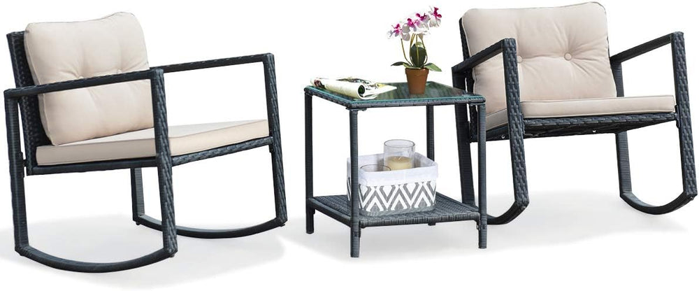 Tangkula 3-Piece Patio Rocking Bistro Set with Soft Cushions, Beige