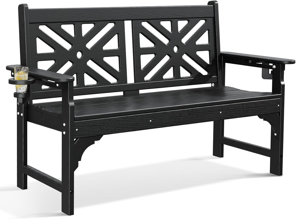 nalone Outdoor Bench with Cup Holders, HDPE Porch Bench Fade Proof (Black)