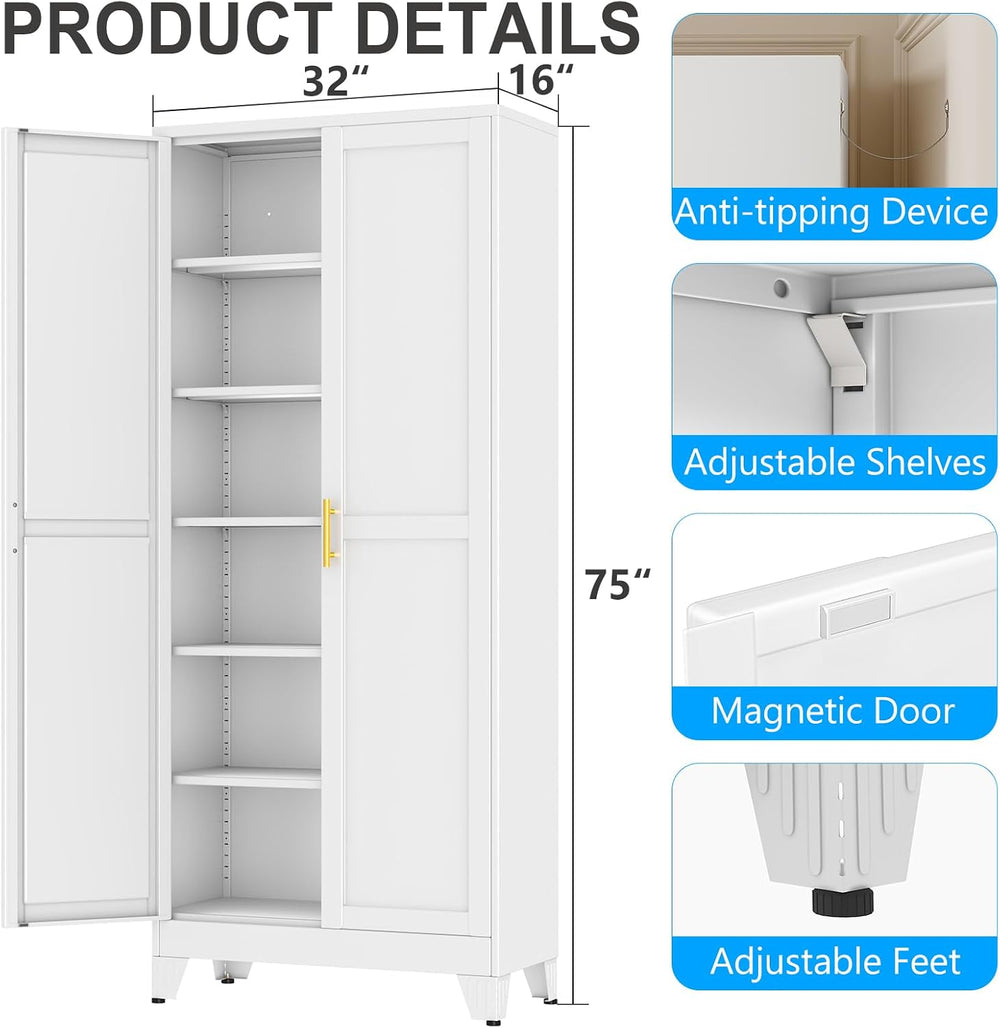 75" White Heavy Duty Metal Garage Storage Cabinet