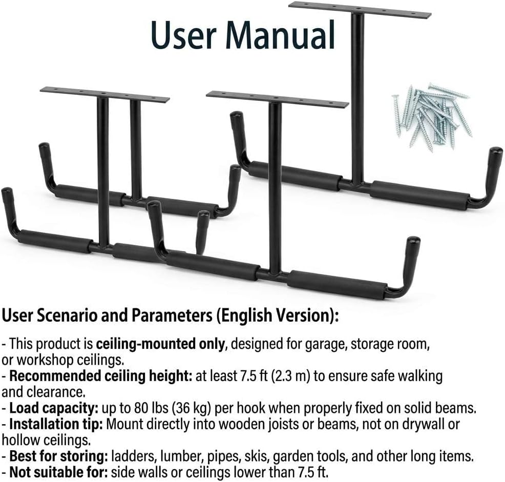 QWORK Overhead Ceiling Hooks Rack – Heavy Steel Storage Hangers for Garage, W...