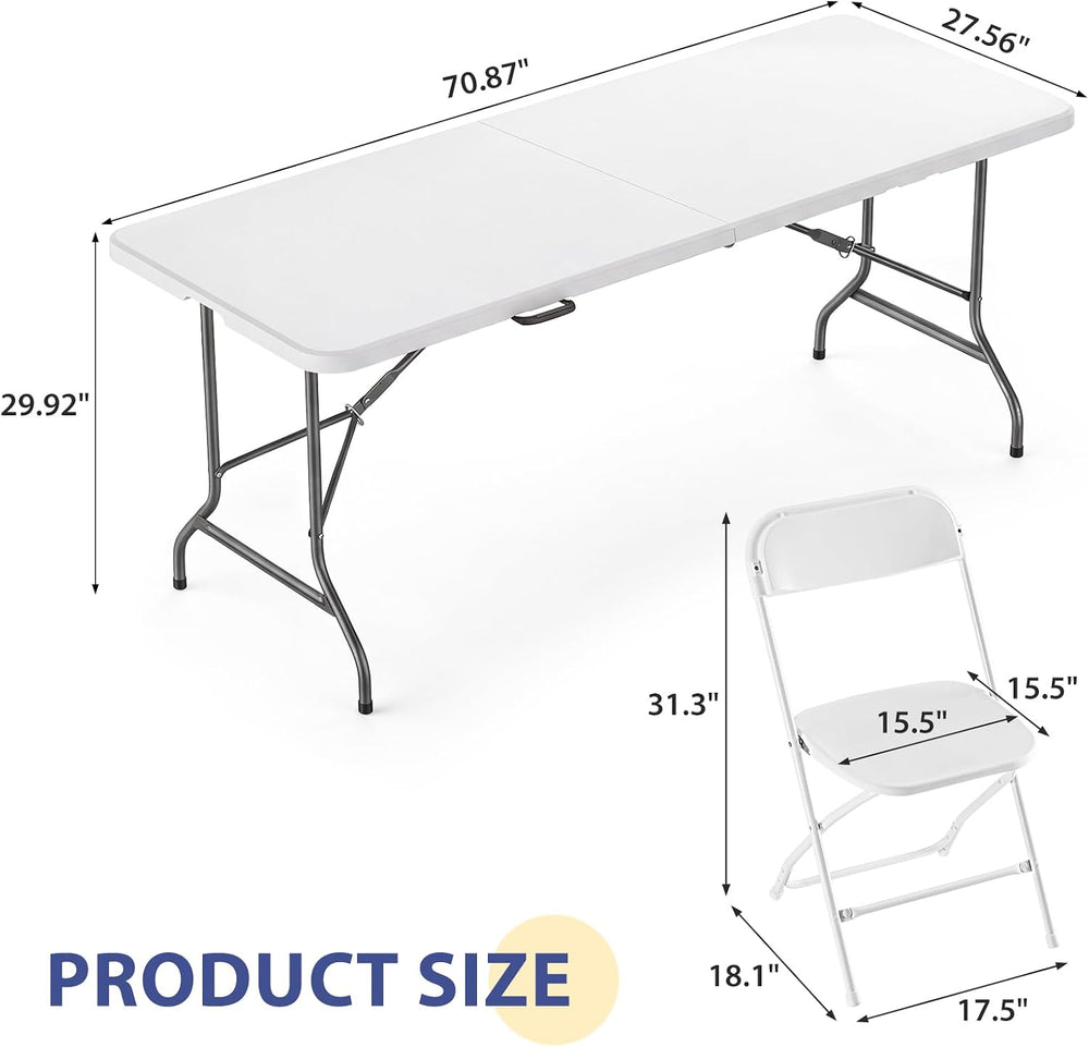 DUMOS 6 FT Folding Picnic Table with 6 Folding Chairs, Easy to Keep, White