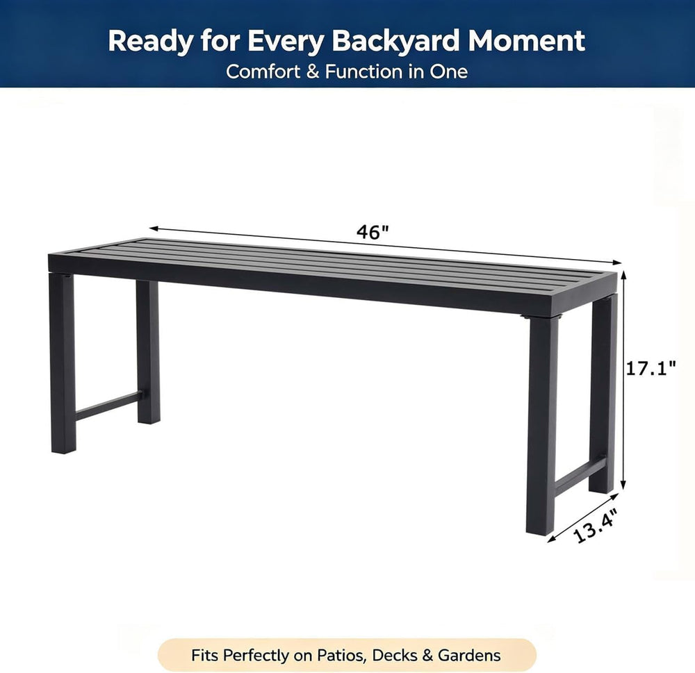 Black Outdoor Bench, Outdoor Metal Backless Bench Set of 2, 46" Patio Ga...