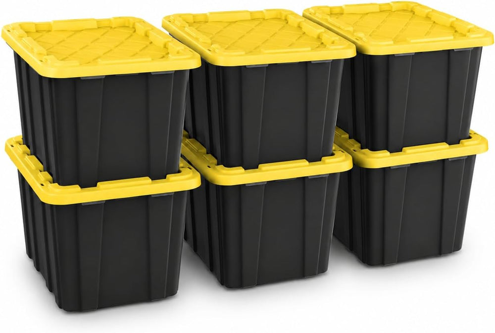 6-Pack 27Gal Stackable Storage Bins with Lids, Heavy Plastic, Black Yellow