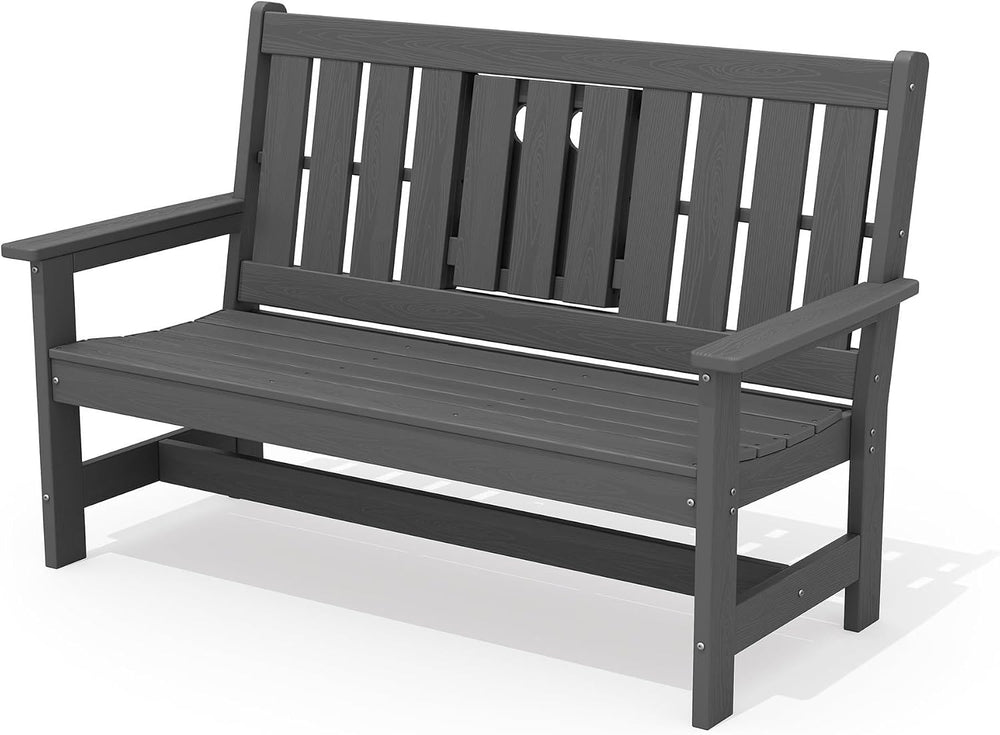 SERWALL HDPE Outdoor Bench with Cup Holder Oversized 58" Porch Bench, Grey