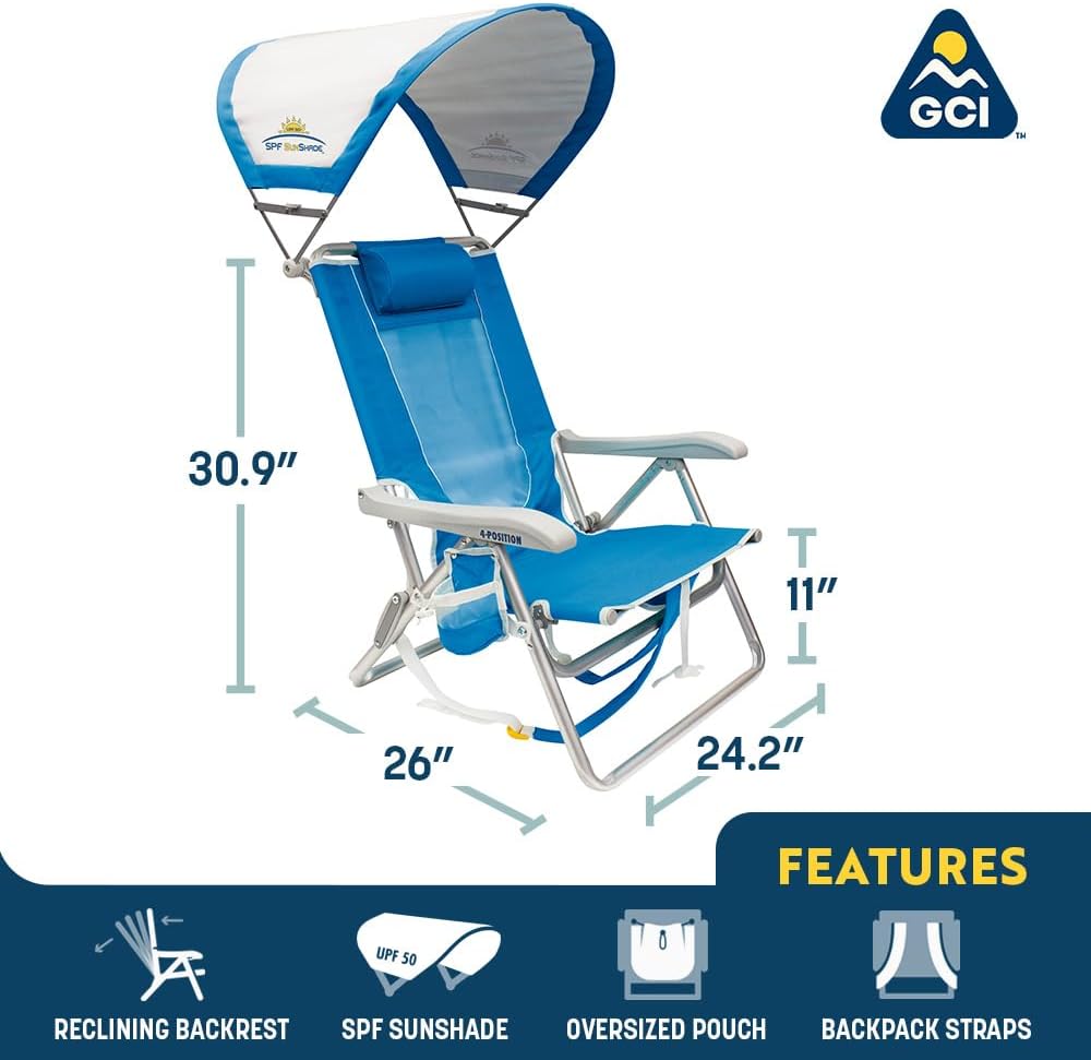 GCI Outdoor Sunshade Backpack Beach Chair | Reclining Folding Canopy Chair wi...