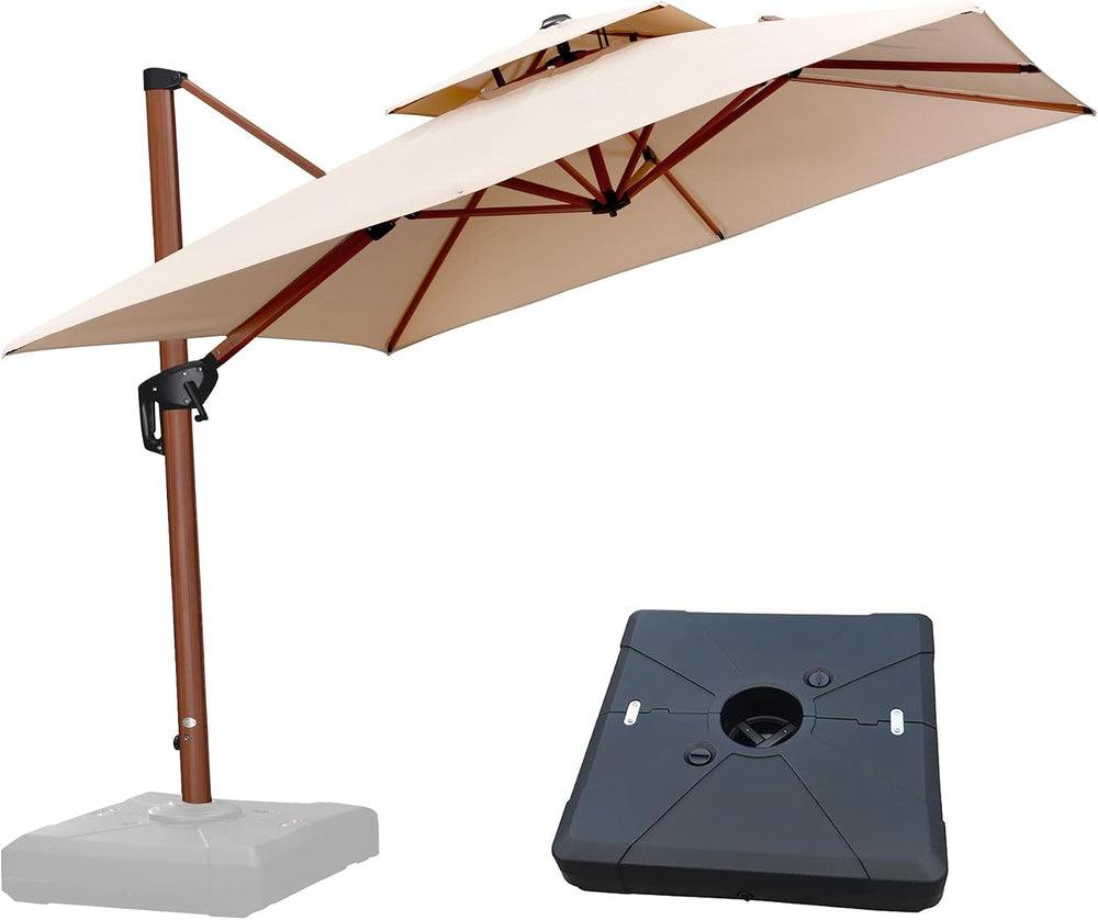 PURPLE LEAF Cantilever Umbrella with Base 9'X9' Wood-Grain Finish, Beige