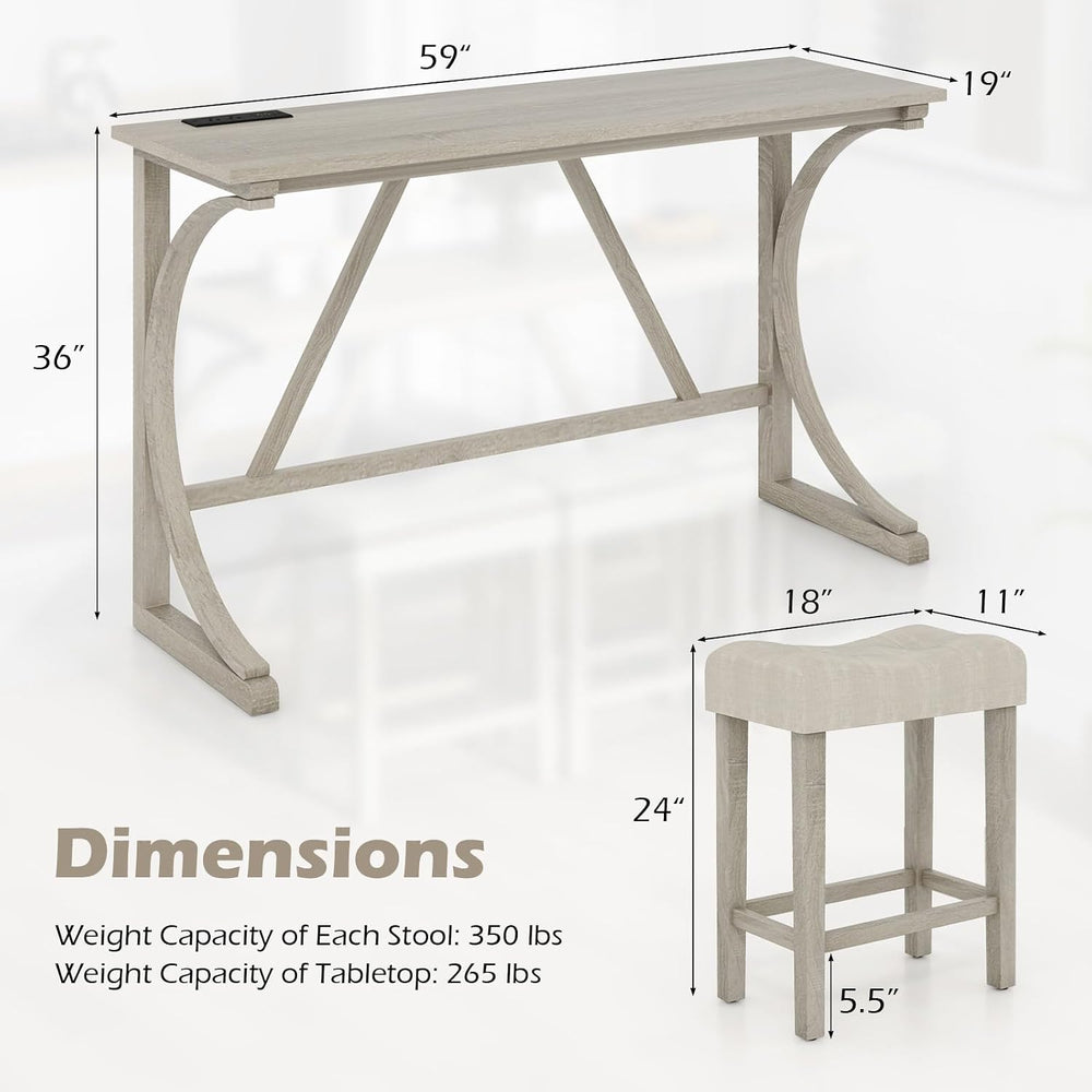 COSTWAY 4-Piece Farmhouse Bar Table Set with Power Outlet