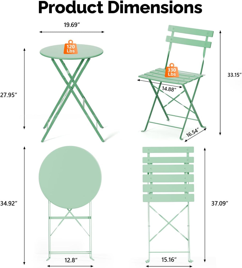 VINGLI Outdoor Folding Bistro Table and Chairs Set of 2, 3-Piece Bistro Set w...