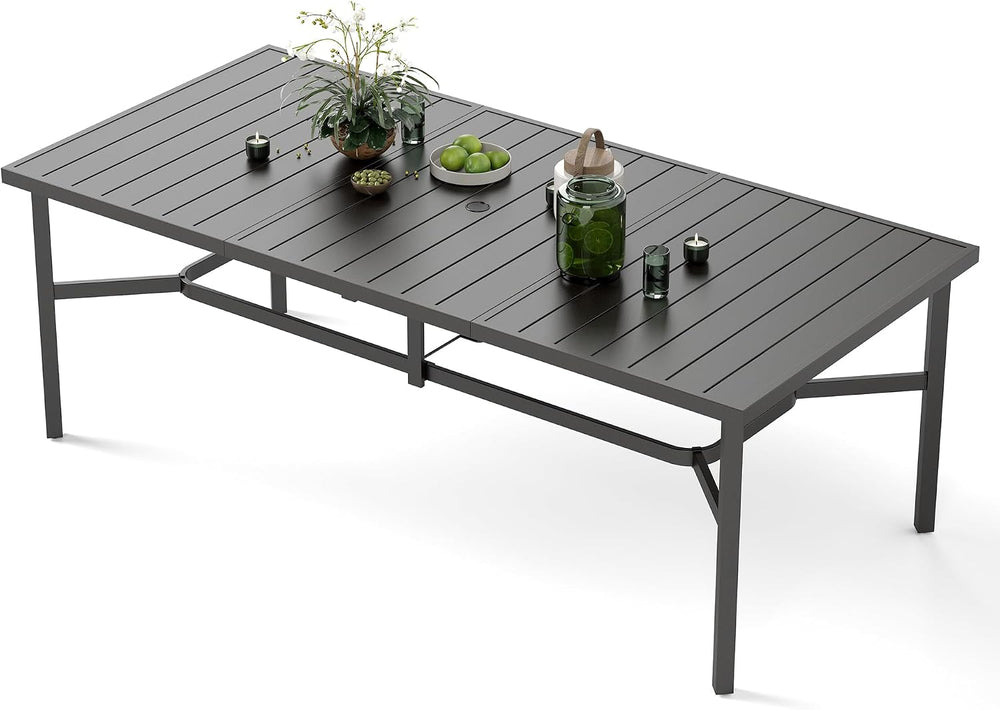 Outdoor Dining Table for 8, Black Metal Table w/Umbrella Hole