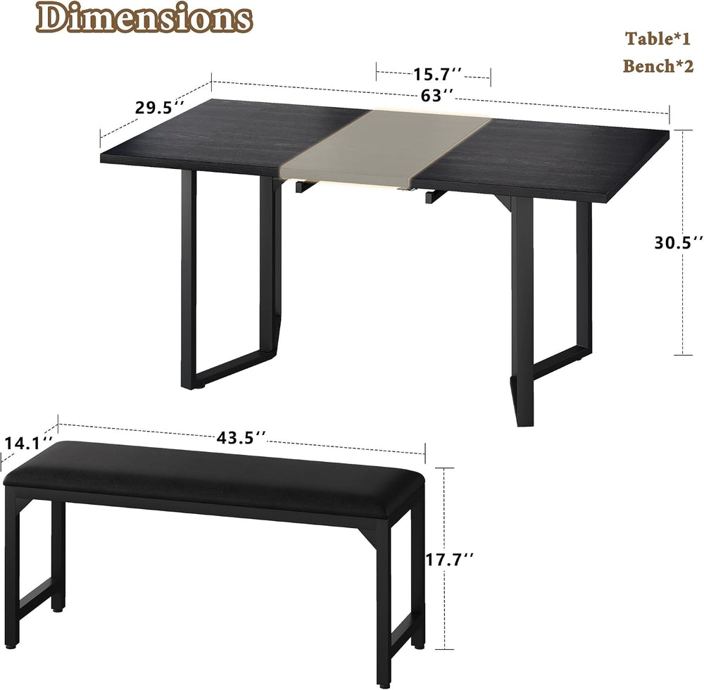 HUAHUU 63" Extendable Dining Table Set for 4-6, Kitchen Table with 2 Uph...