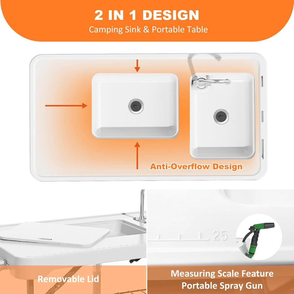 Folding Fish Cleaning Table with 2 Sinks, 42.5'' Portable Camping Sin...