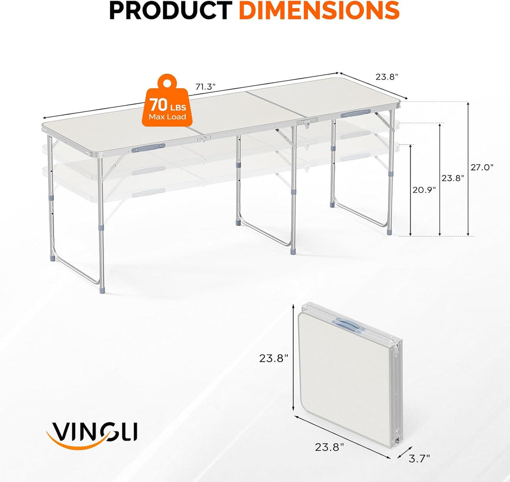 VINGLI 6ft Folding Camping Table with Carry Handle,Portable Utility Table Mul...