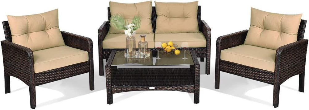 HAPPYGRILL 4-Piece Patio Furniture Outdoor Rattan Wicker Sofa Set with Cushio...