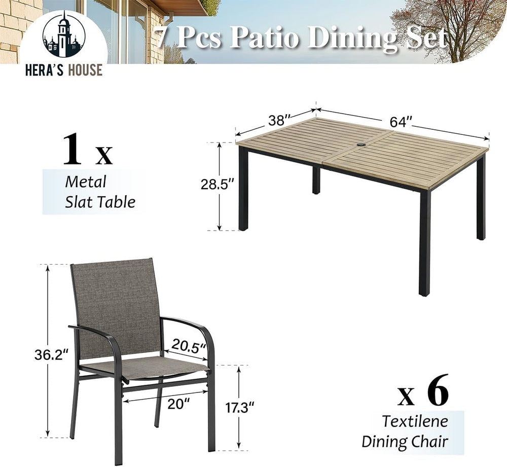 7pc Outdoor Patio Dining Set, Wood-Look Metal Table, Brown