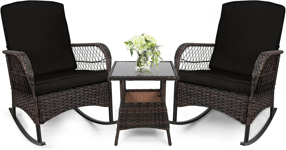 LEVELEVE 3 pcs Rocking Bistro Set Conversation Chairs PE Wicker Outdoor Rocki...