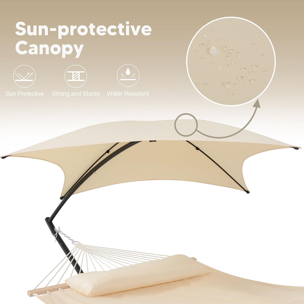Portable Outdoor Hammock with Stand, Sun-Protective Canopy, Beige