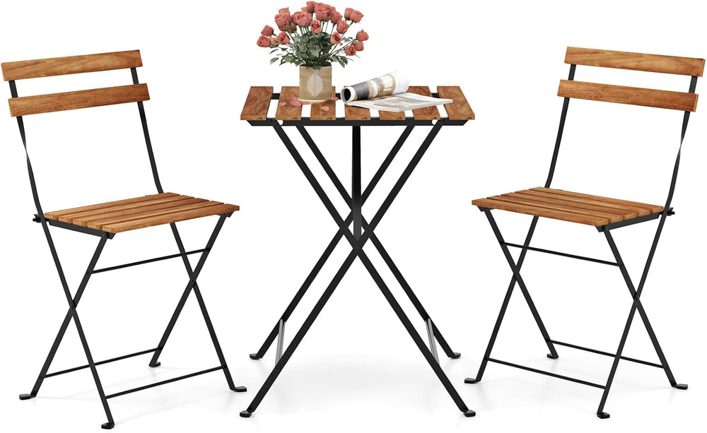GIANTEX 3-Piece Acacia Wood Bistro Set, Patio Bistro Table with 2 Folding Cha...