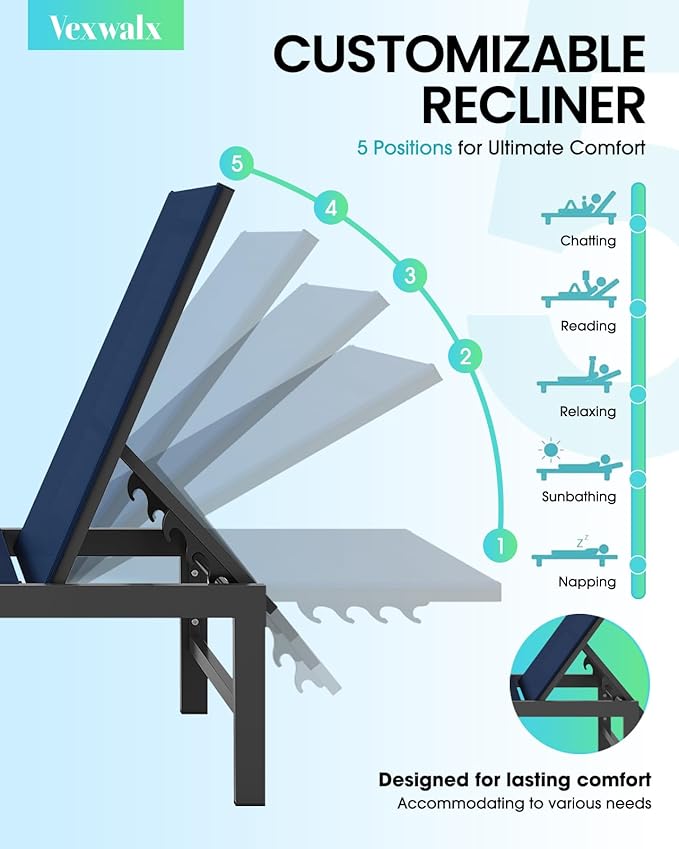 Outdoor Lounge Chair for Pool, Aluminum Chaise Lounge Chairs with 5-Position ...