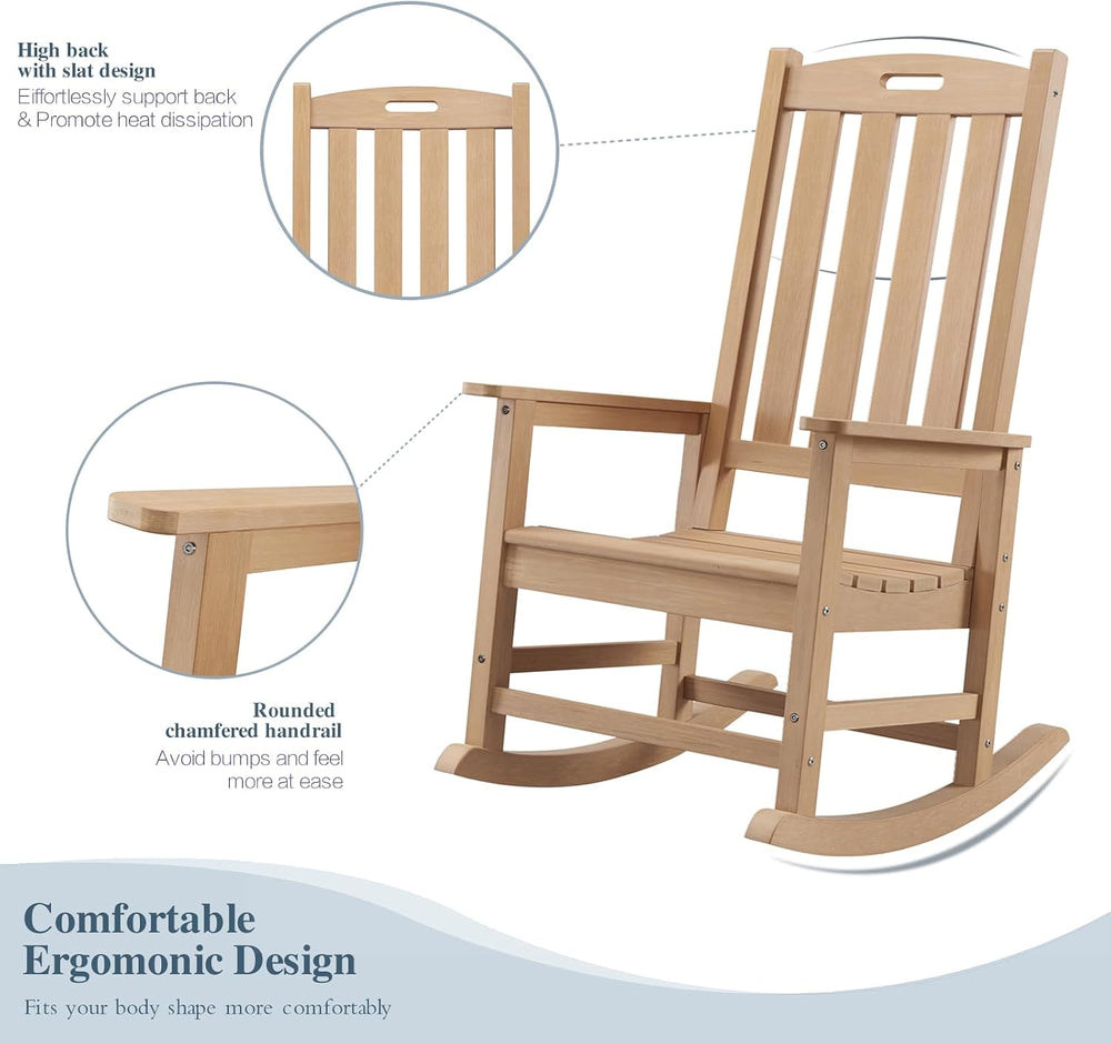 Psilvam Oversized Outdoor Rocking Chair, HDPE Porch Rocker (Teak)