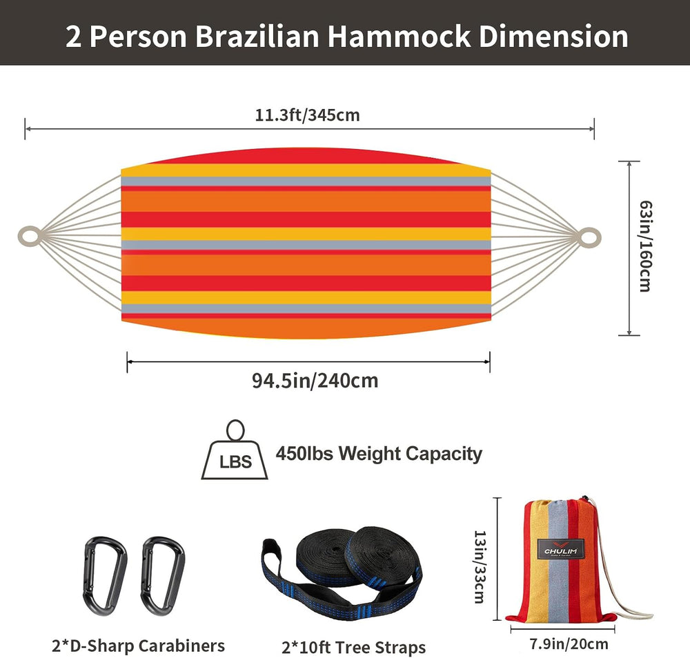 Brazilian Double Hammock with Tree Straps, Extra Large, 450 lbs Capacity