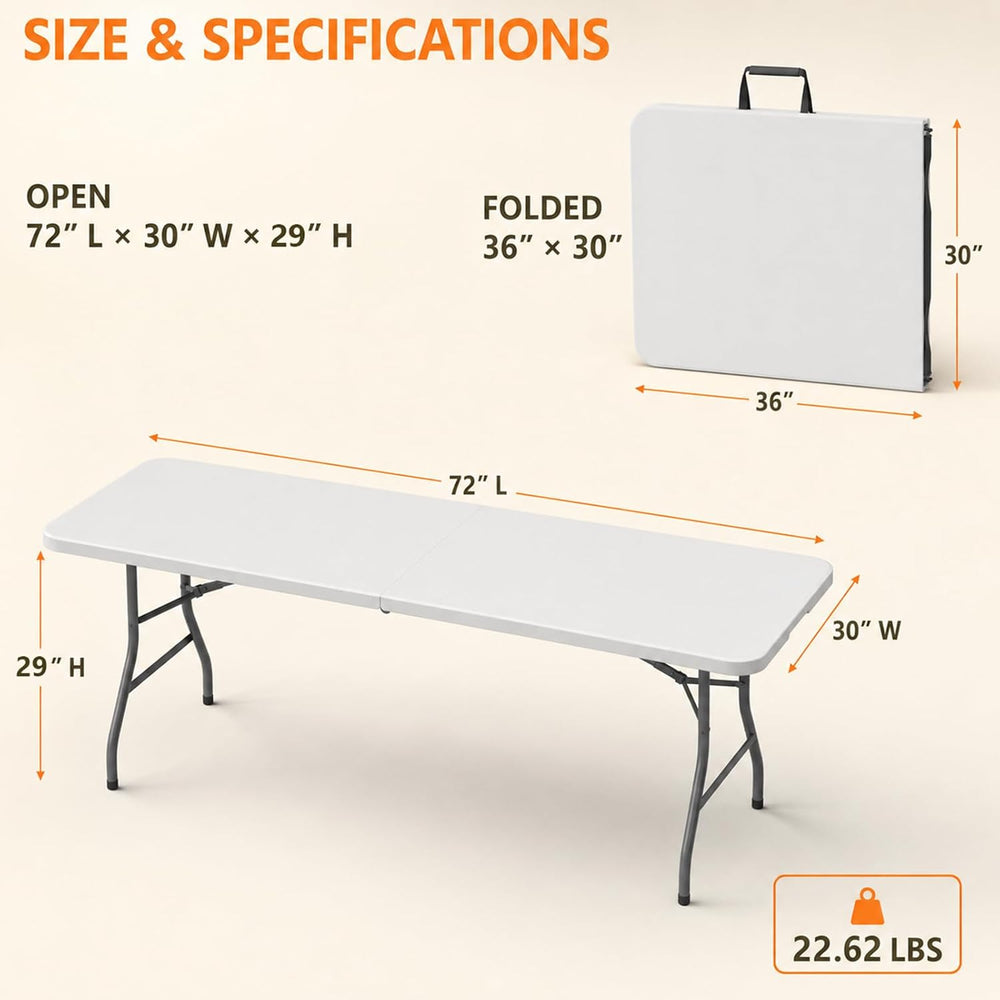 Folding Table, 6FT Portable Fold-in-Half Plastic Picnic Table, Heavy Duty Fol...