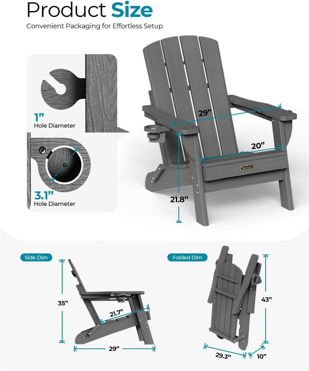 Folding Adirondack Chair, HDPE Adirondack Chairs with 2 Cup Holder, Plastic A...