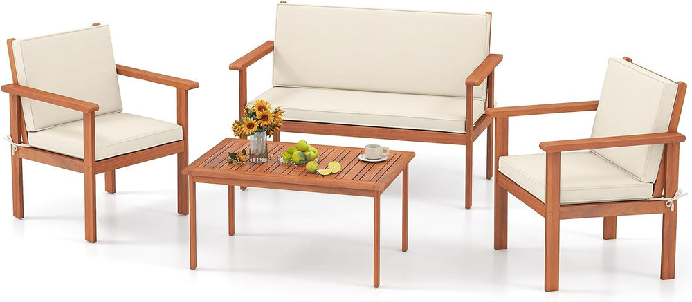 Tangkula 4 Pieces Acacia Wood Patio Conversation Set, Outdoor Wooden Cushione...