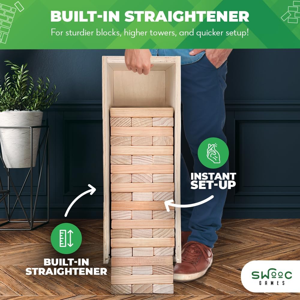 Swooc Games® - Giant Tower Game with 3-in-1 Straightener, Table & Storage...